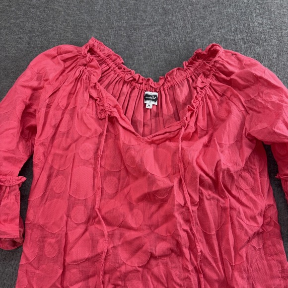 Mudpie Women's Tunic Top Size Medium pink, ruffled, textured polka dot - Picture 3 of 9